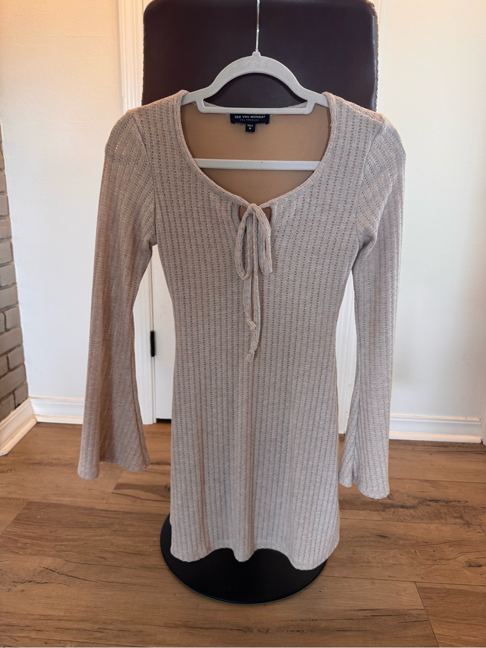 See You Monday Beige Knit Tie-Front Long Sleeve Dress